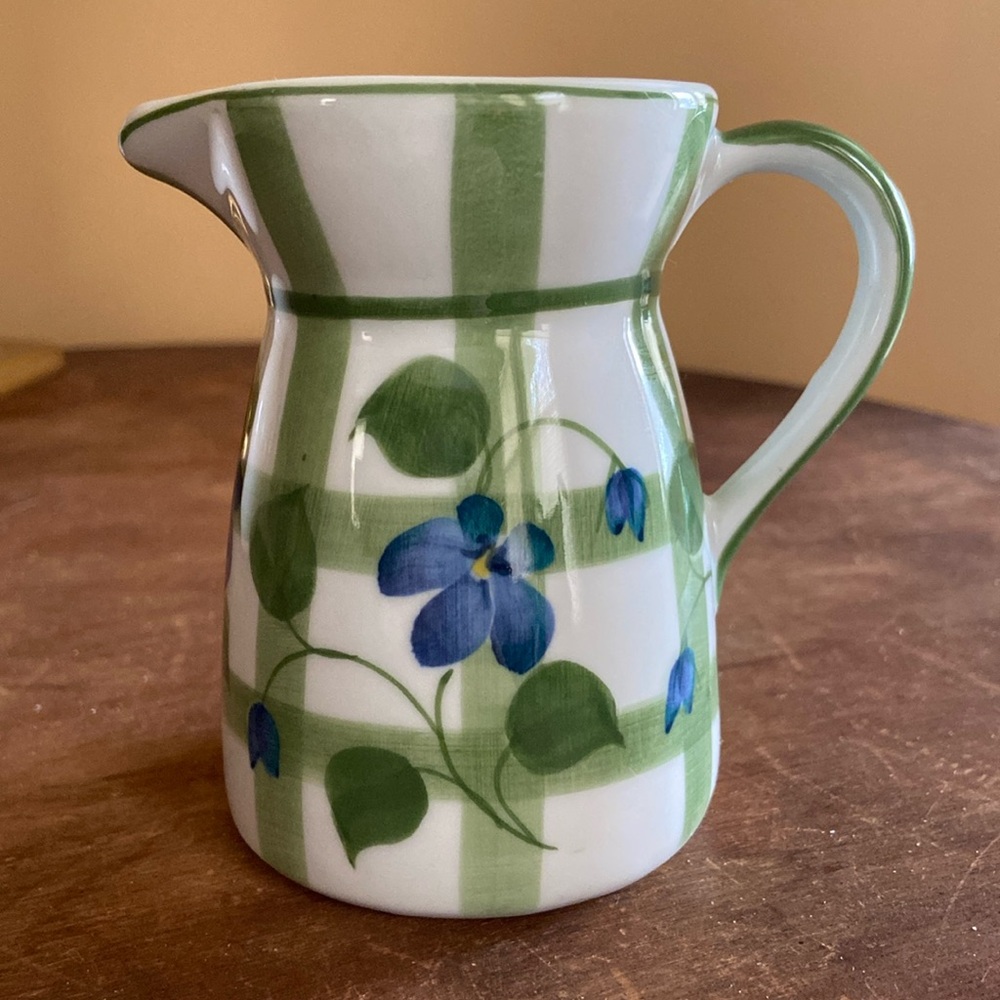 🌸Andrea By Sadek Creamer Pitcher Blue Flowers Green Leaves 4 inch tall